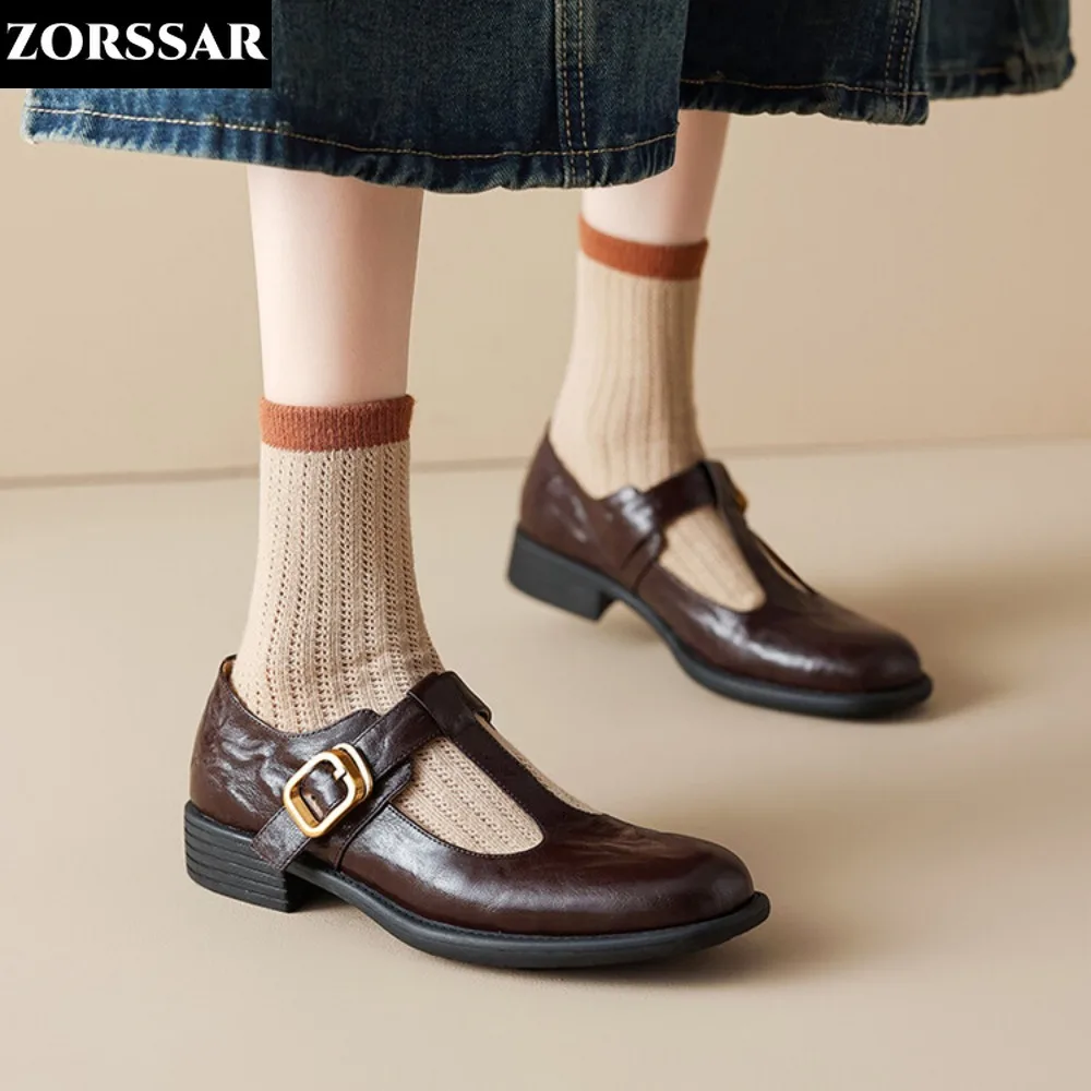 

2024 New Designer Women's T Strap Leather Shoes Double Buckle Retro Mary Jane Shoes Square Toe Flats Dress Shoes Spring Autumn