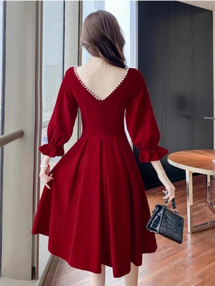 Long Sleeve Dresses Women Design High Waist Females Knee Length Vintage  Solid Fashion Korean Style A-line Clothing Vestidos Chic - AliExpress