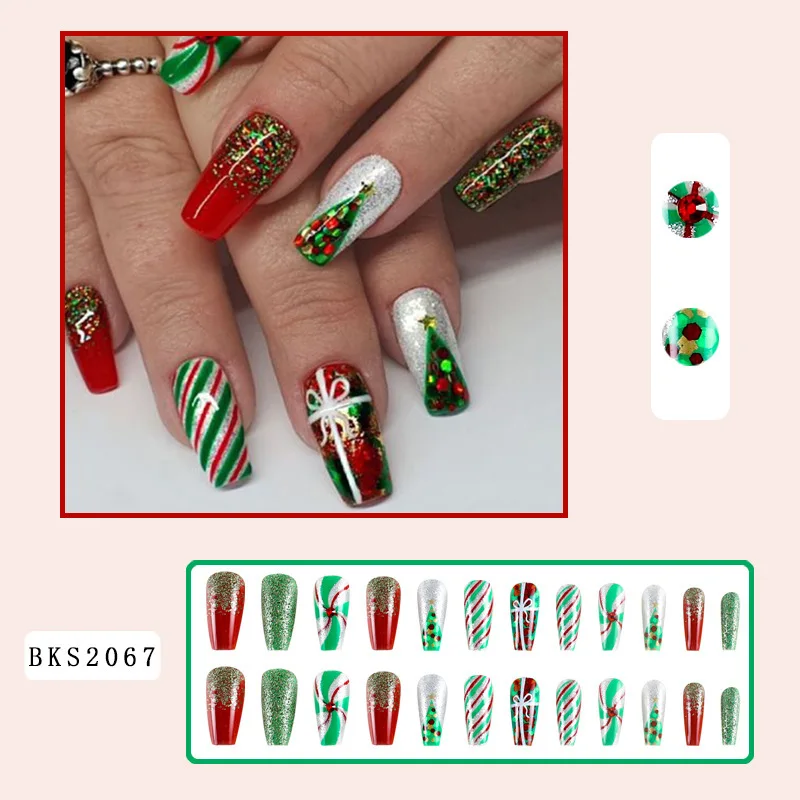 Christmas Tree Gift Candy Cane Pattern Sparkly False Nails