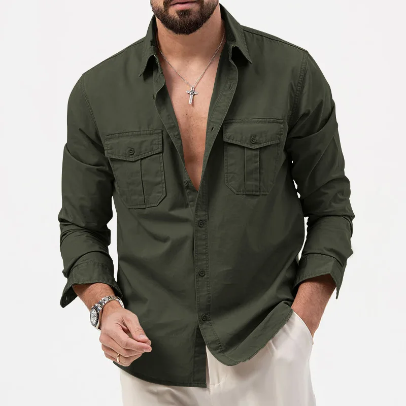 2024 summer Europe and the United States vintage cargo men's advanced multi-pocket solid color leisure sports long-sleeved shirt