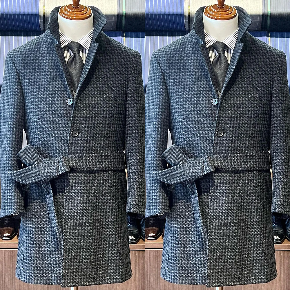 

Houndstooth Coat Men Suit Tailor-Made One Piece Overcoat Single Breasted With Belt Warm Business Wedding Groom Prom Tailored