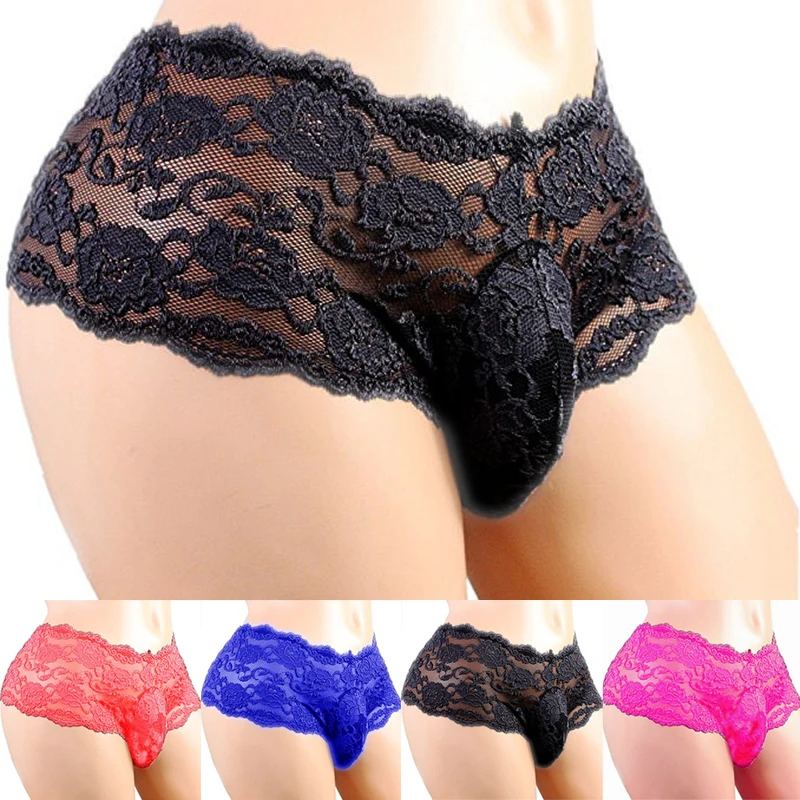 Men'S Sexy Underwear Lace See Through Sissy Panties Transparent Ultra-Thin Seamless Mesh Breathable Pouch Briefs Boxer Lingerie