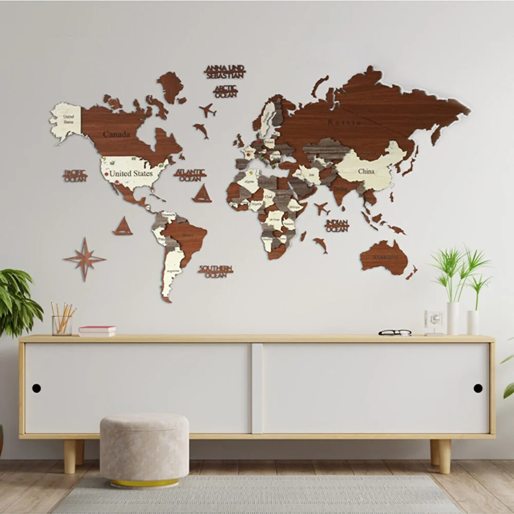 3DWoodenWorldMapDecorativeHotelOfficeLivingRoomWoodenWall