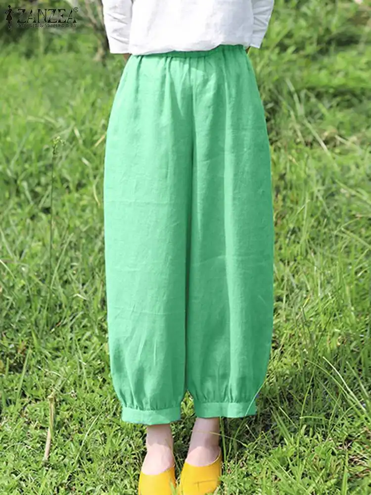 

Брюки ZANZEA женские с эластичным поясом, винтажные Длинные шаровары с карманами, брюки-багги в ретро стиле, повседневные свободные штаны, лето 2024