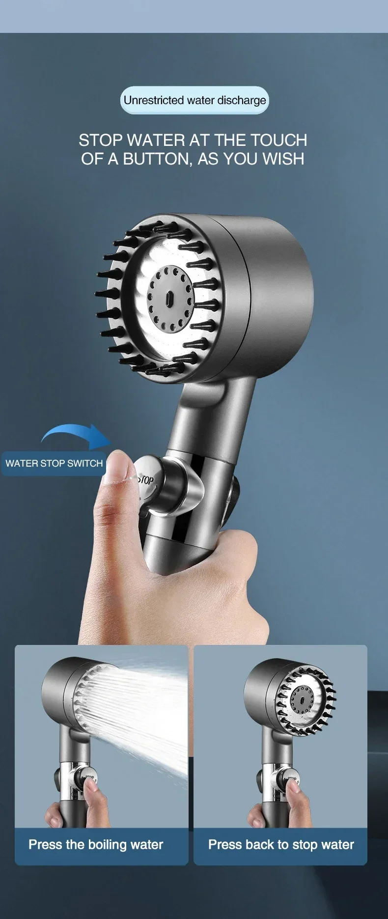 Description Picture 6 of itemHigh Pressurized Filter Shower Head 3-mode Adjustable Spray with Massage Brush Rain Faucet Bathroom Accessories