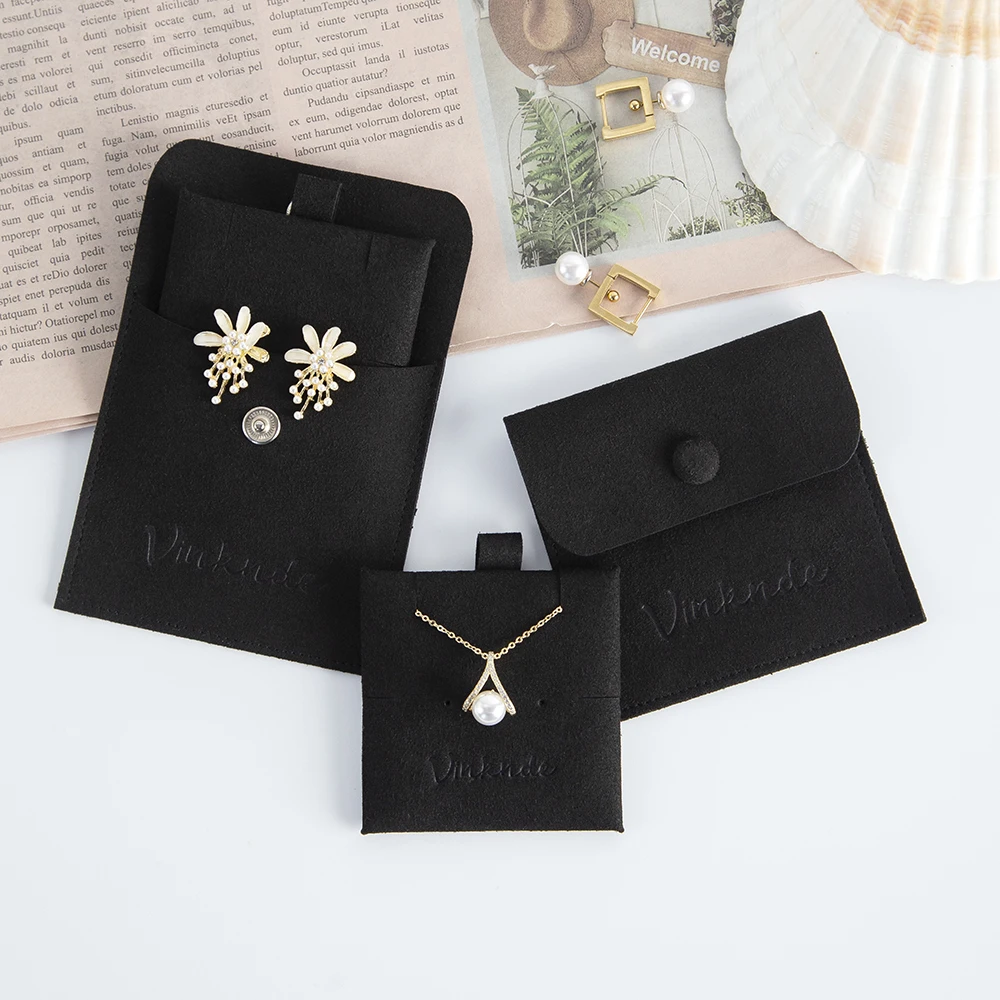 Black Suede Microfiber Gift Pouch With Insert Earring Display Cards Snap Button Envelope Jewelry Necklace Ring Organizer Bags