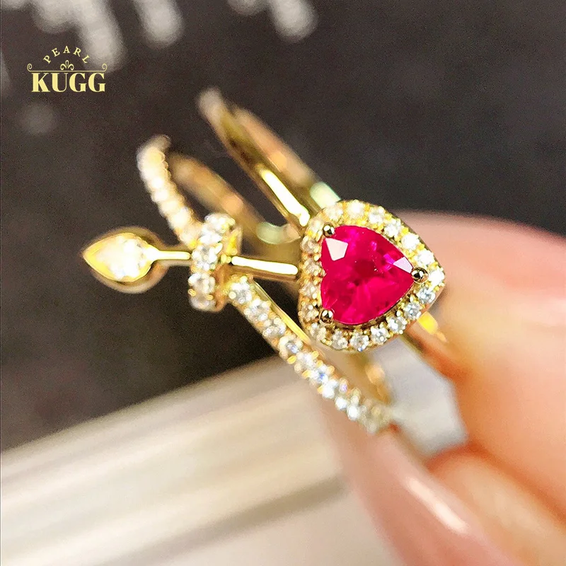 

KUGG 18K Yellow Gold Rings Romantic Cupid's Arrow Design Real Natural Ruby Shiny Diamond Gemstone Engagement Ring for Women