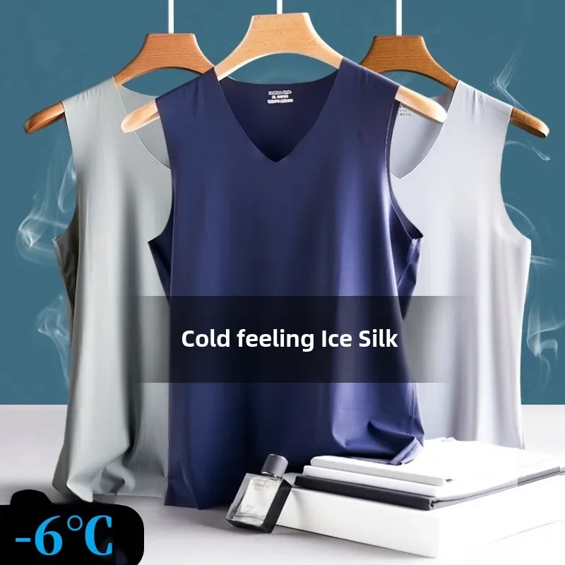 Men's Ice Silk Vest Seamless Sports Fitness Sweat Absorbent Quick Dry V-neck Elastic Shoulder Vest Color Underworkout Shirt