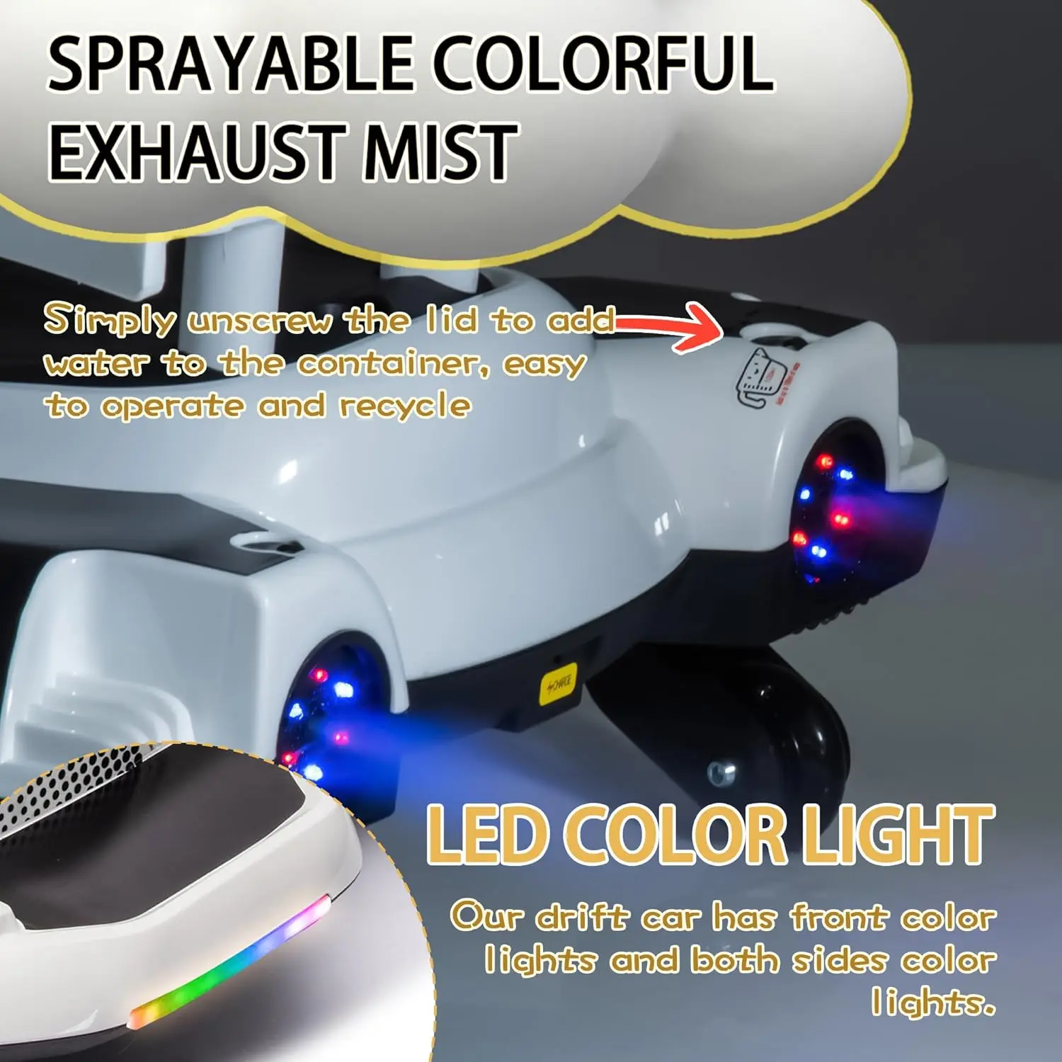 Wiggle Car with Pedal, 12V Kids Ride On Toy, 360 Degrees Rotating Drift Car for Kids with Spray Function, USB, Bluetooth, Music,