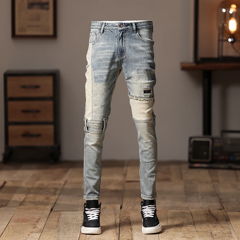 High Street Fashion Men Jeans Retro Washed Blue Stretch Skinny Fit Ripped Jeans Men Spliced Designer Hip Hop Denim Pencil Pants high street letter embroidery washed distressed jeans men and women retro casual micro flared pants hip hop loose denim trousers