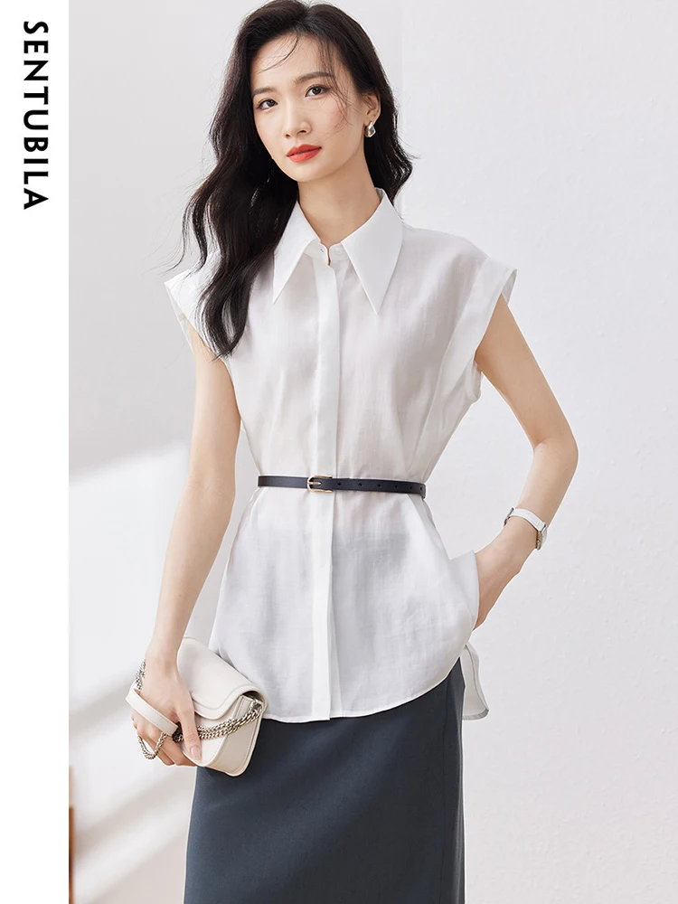 SENTUBILA Elegant Tencel White Shirt Women 2023 Summer Flying Sleeve Button Up Blouse Office Lady  Business Loose Tops 132C49967 meticulous drawing manuscript color ripe rice paper dunhuang mural flying lady picture painting drawing beginner practice papers