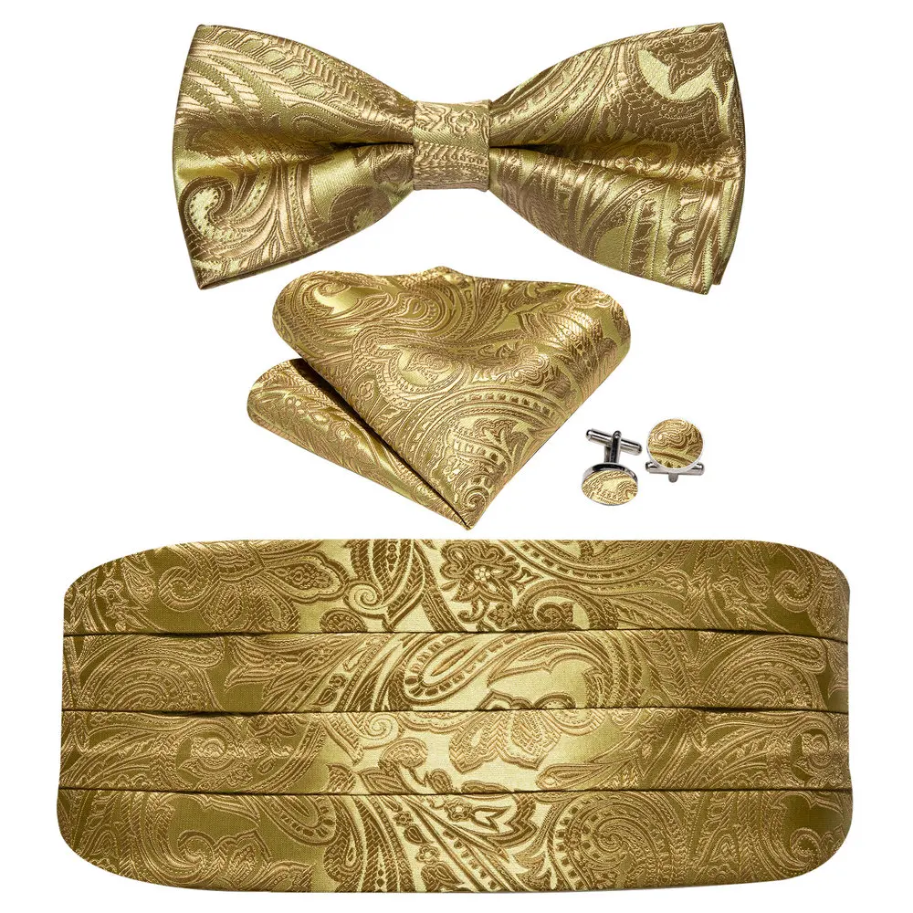 Cummerbund dorado de lujo para hombre, conjunto de gemelos, pañuelo de seda de alta calidad, pajarita de Cachemira, regalo de boda, fiesta Formal, Barry.Wang