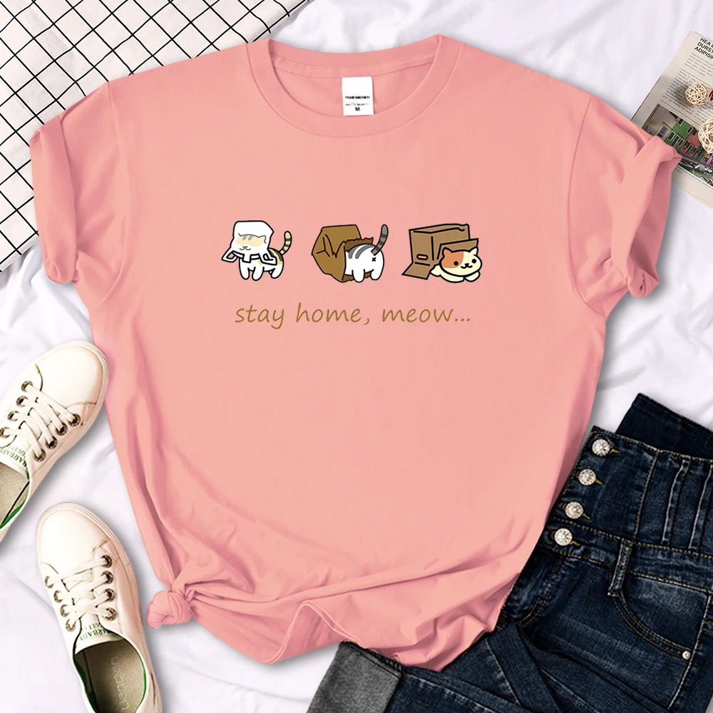 Kawaii Three Mini Cat Animal Stay Home Meow Print Women Tshirts Oversize Tops o-Neck Tee Shirt Casual Style Female Tee Shirts