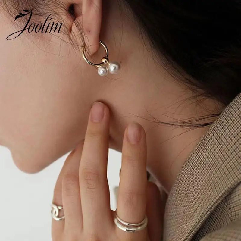 

JOOLIM Jewelry High End PVD Wholesale Waterproof Vintage Elegant Movable Pearl Huggie Stainless Steel Earring For Women