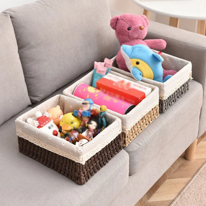 Fabric Storage Basket With Lid Desktop Woven Storage Basket Stackable Sundries Organizer Household Rattan Woven Storage Basket 4