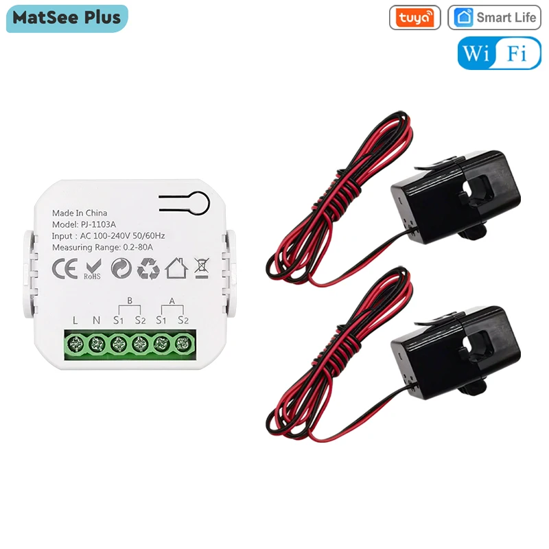 Energy Clamp Meter Tuya Smart Life WiFi Energy Monitor Bidirectional 1/2 Channel CT Clamp App Monitor Export and Import Power 80A AC110V/240V