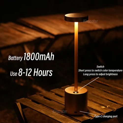 LED 알루미늄 합금 방수 충전식 책상 램프, 터치 밝기 조절 금속 테이블 램프 바 거실 독서 캠핑 라이트 2