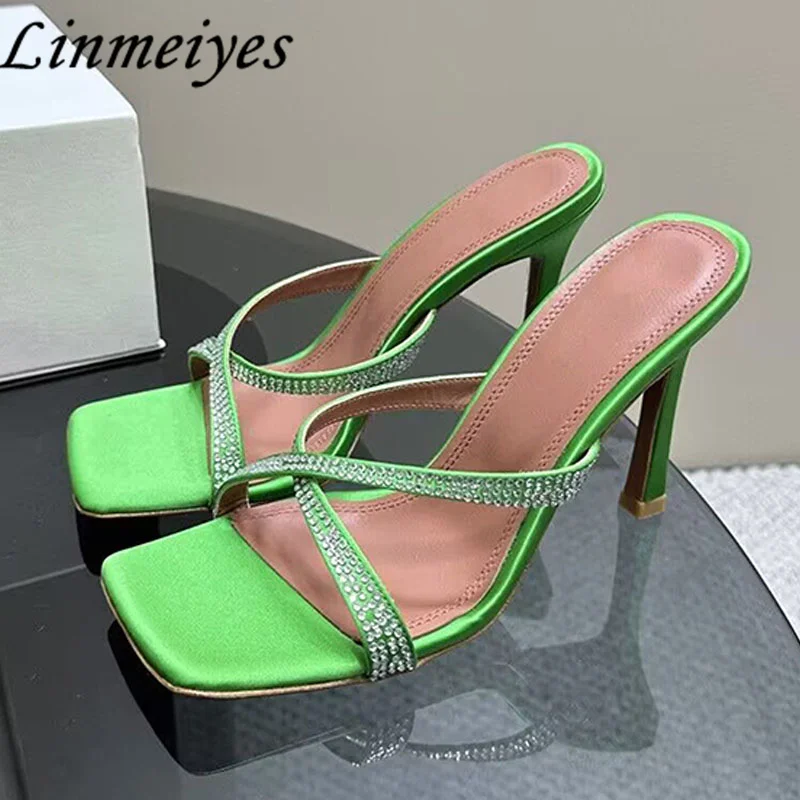 

New Thin Heels Slippers Women Crystal Cross Belt Mules Shoes Female Sexy Square Peep Toe Party Shoes Summer Pumps Shoes Woman