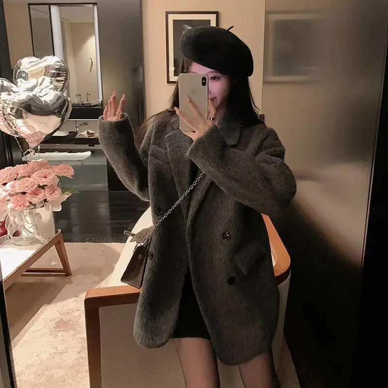 

Insozkdg Winter Small Fragrant Women Woolen Coat College Style Casual Blazer Simple Versatile Slim Woolen Office Lady Suit Coat