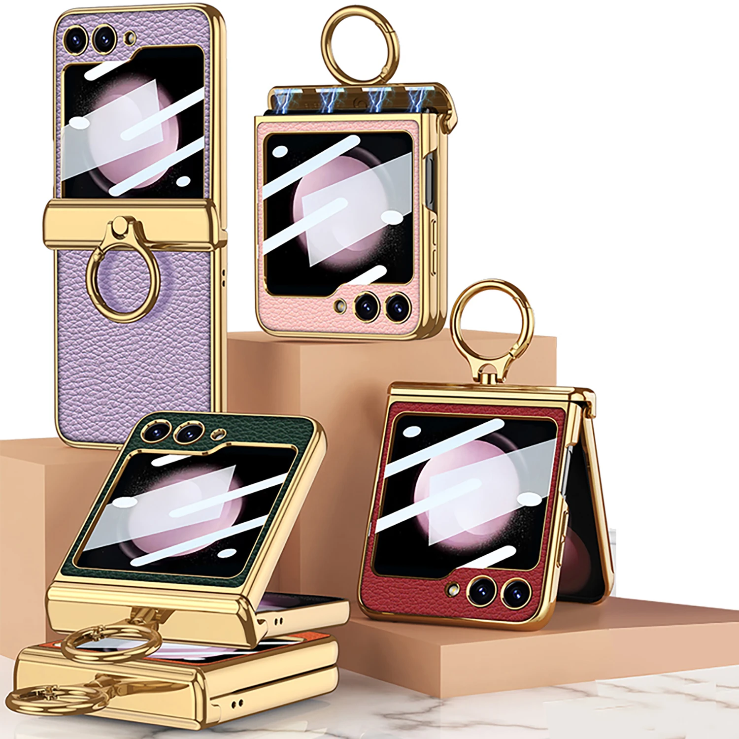 

Кожаный чехол с позолоченной рамкой и магнитным шарниром для телефона Samsung Galaxy Z Flip 5 HD, защитный чехол со стеклянным экраном и кольцом-кронштейном