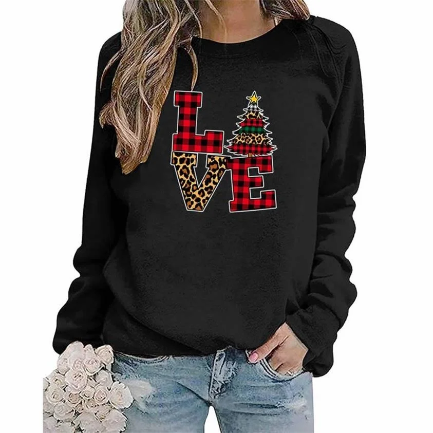 

Merry Christmas Love Leopard Plaid Tree Love Pullovers Clothing Women Fashion Printing Female Casual O-neck Graphic Sweatshirts