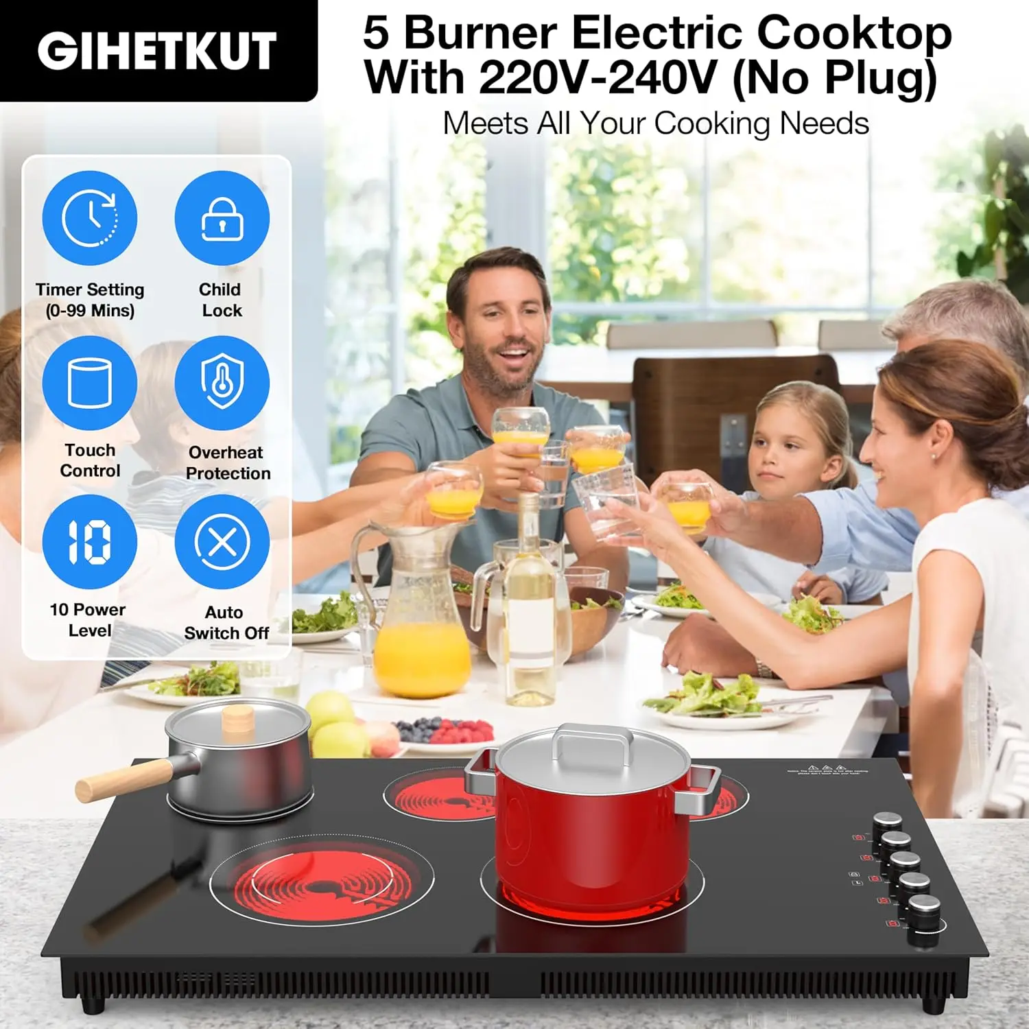36 inch,36 inch Electric Cooktop,9200W Built-in & Countertop 36 inch Cooktop with 9 Power Levels, 2