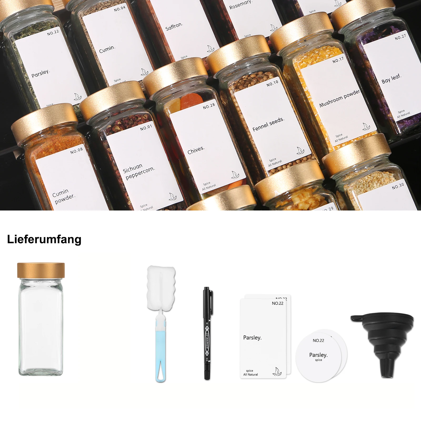 Spice Jar with Label Square Glass Jar with Lid Waterproof Label Sticker for Vanilla Spices and Seasonings Kitchen Storage and Organizing 6/12/24 Piece