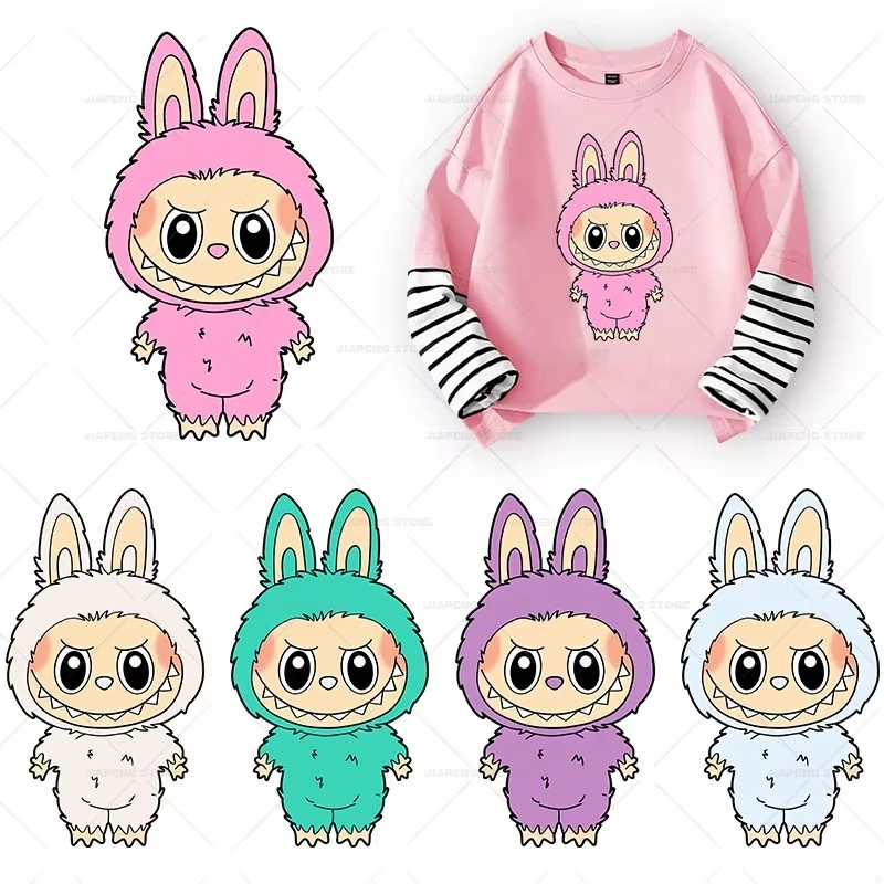 POP MART Labubu Iron on Patches for Clothes Cute Cartoon Heat Transfer Patch Cloth DIY Vinyl Stickers Decor Applique 2PCS heat transfer stickers,clothing patches