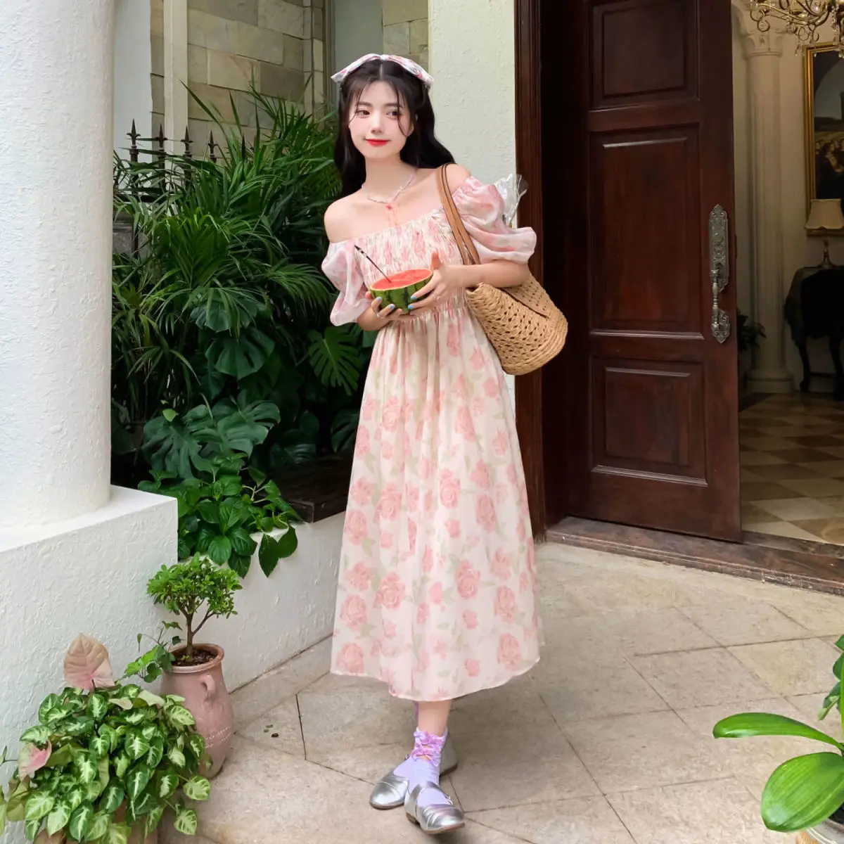 Dresses Women Puff Sleeve Soft Pink Cute Party Summer Tunic A-LINE Fashion Female Floral Vintage Elegant Princess St