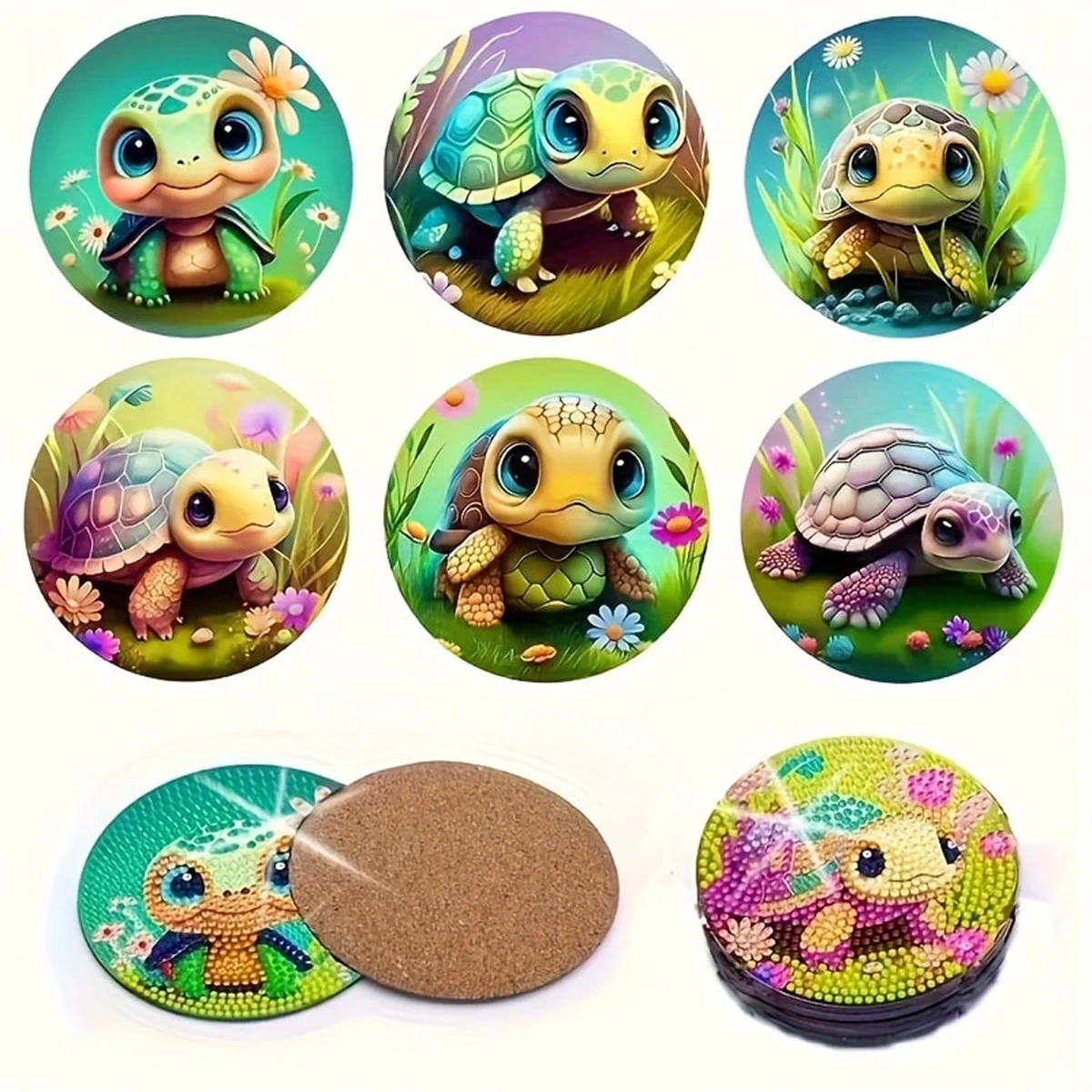 6 parçalı DIY elmas boyalı ahşap bardak altlığı seti, kaplumbağa desenli, elmas sanat mozaik içecek altlığı, masa matı, kaymaz coa