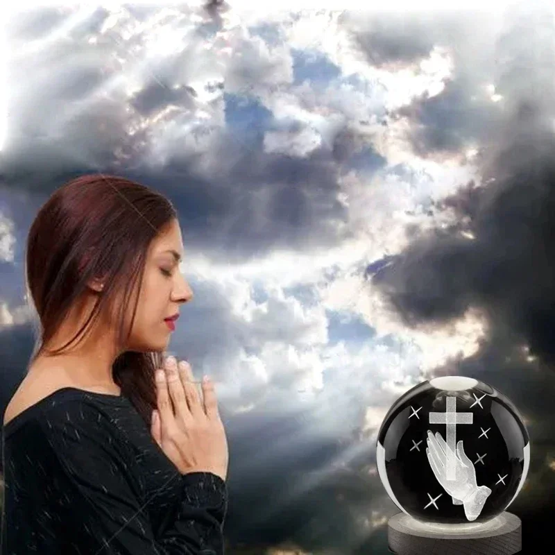 3D Crystal Ball Cross Hand Multicolor 3D LED Night Light Praying Hands Gifts for Women Man Christian