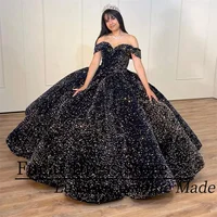 Quinceañera Dresses Black Sequins Off‑Shoulder Party Gown