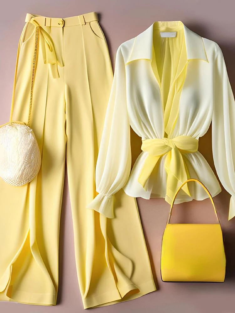 

Женский винтажный комплект из двух предметов, желтые свободные брюки, прозрачная рубашка, осенняя блузка с рукавами, корейский топ