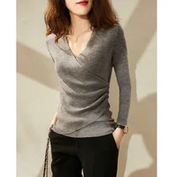 Elegant Slim Short Sweaters Spring New Long Sleeve V Neck Solid Pleated Button Pullovers Top Fashion Temperament Women Clothing 1