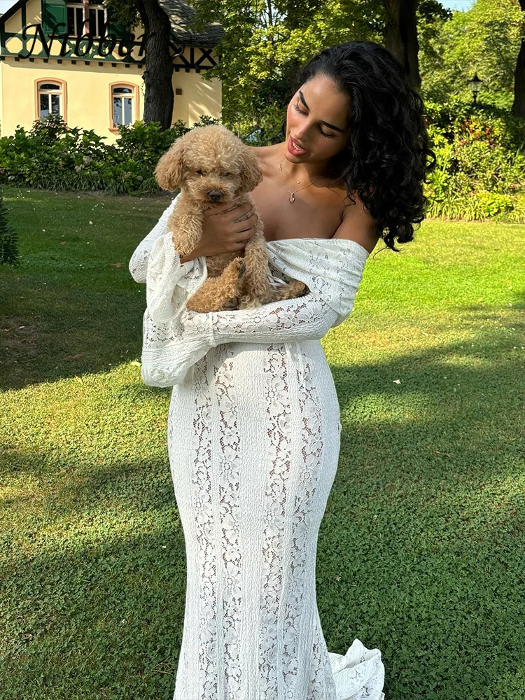 Nibber Jacquard Elegant Dress Women Pleat Slash Neck Lace-Up Backless Gala Mesh Patchwork Flared Sleeve Autumn Sexy Long Bodycon