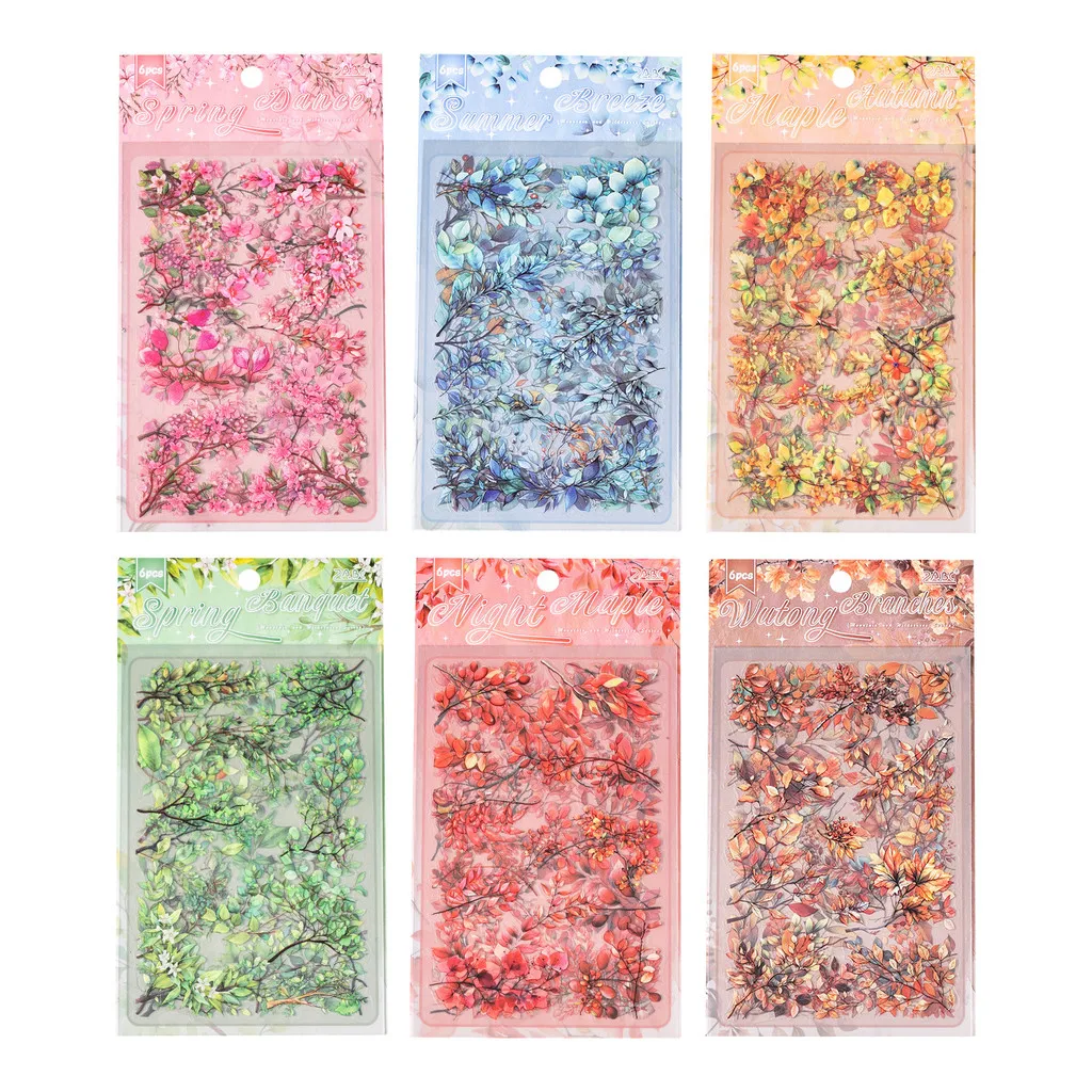 Journamm 6 시트 가지 잎 스티커 PET 소재 핸드 계정 스티커 Scrapbooking Junk Journal Diary 용 식물 꽃