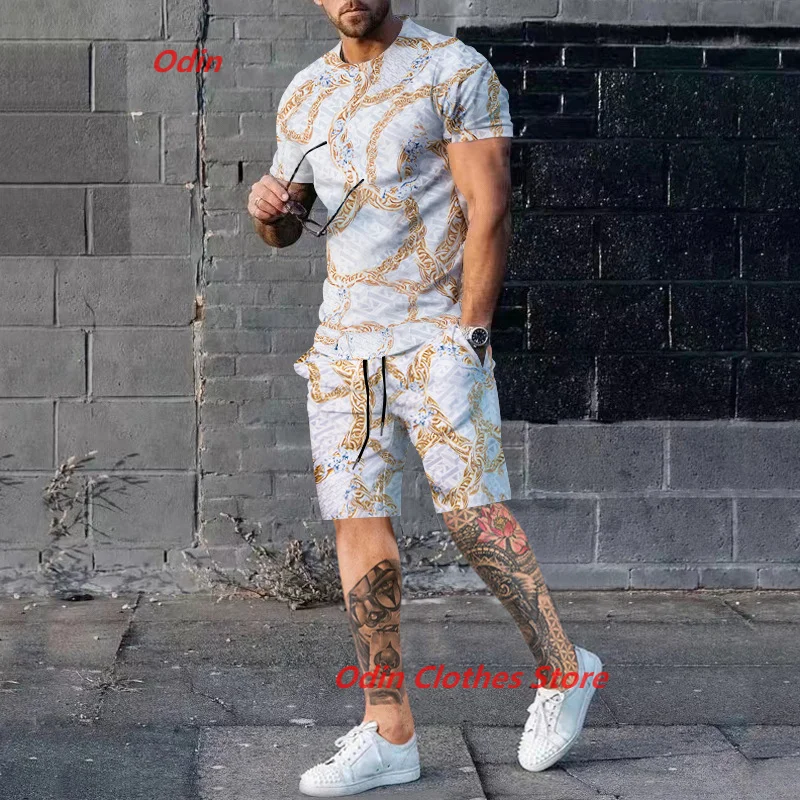 

Men Clothing 2 Pieces Print T-Shirt Shorts Set Summer Tracksuit Man Oversized Jogger Casual Streetwear Men Tracksuit Set