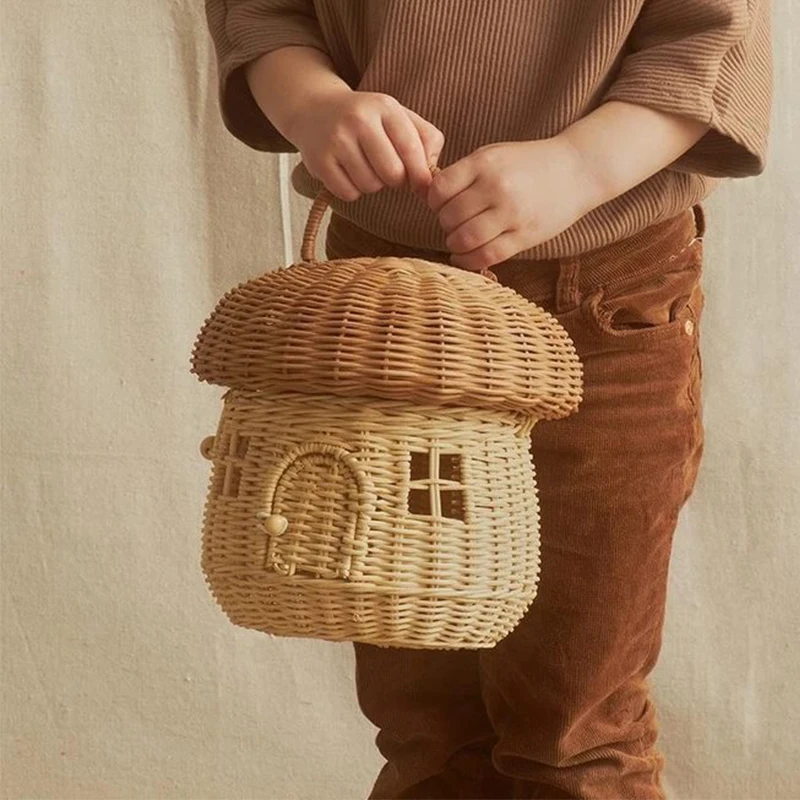 

Cute Rattan Mushroom Basket Bag Fashion Wicker Handmade Weaving Handbag Summer Leisure Beach Straw Bag Bali Holiday Box Purses