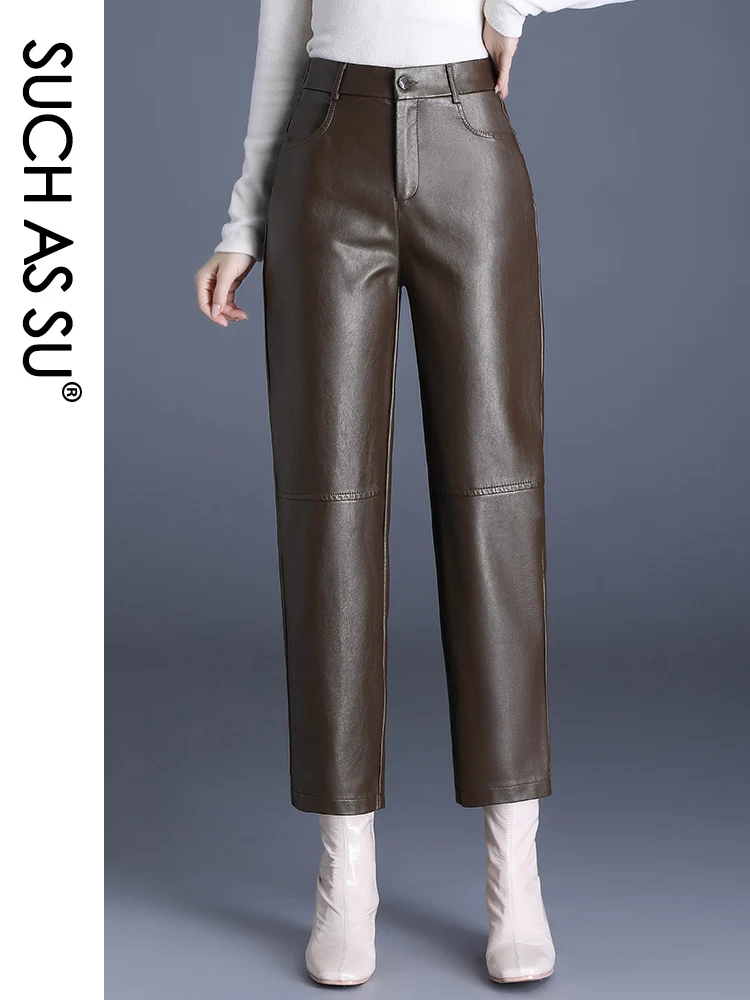 High Quality Women Pockets Pencil Pants 2023 Autumn Winter Slim fit Ankle-Length Black Coffee PU Leather Elastic Waist Female