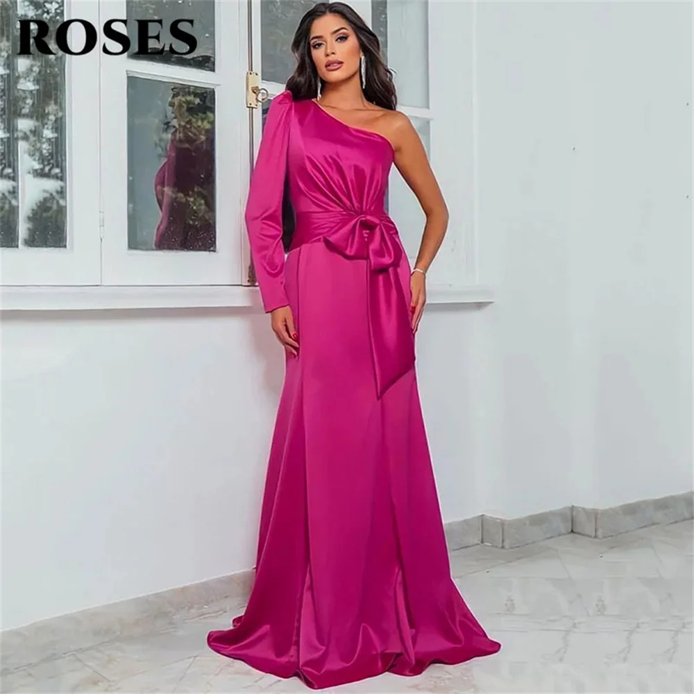 

ROSES Fuchsia Evening Dress One Shoulder Long Sleeve Mermaid Satin Party Dress With Bow Waist 프롬드레스 Sweep Train Prom Dress