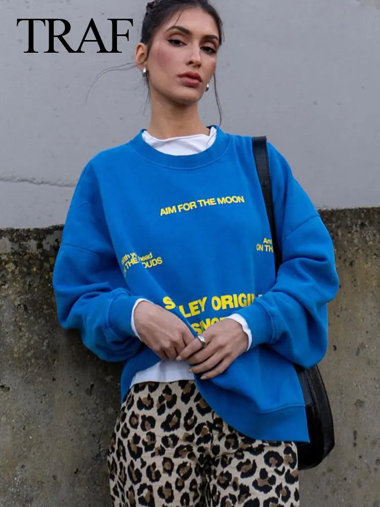 TRAF 2024 Spring New Women's Sports Pullover Round Neck Loose Long Sleeves Letter Print Blue Woman Sweatshirt Wild Streetwear 5