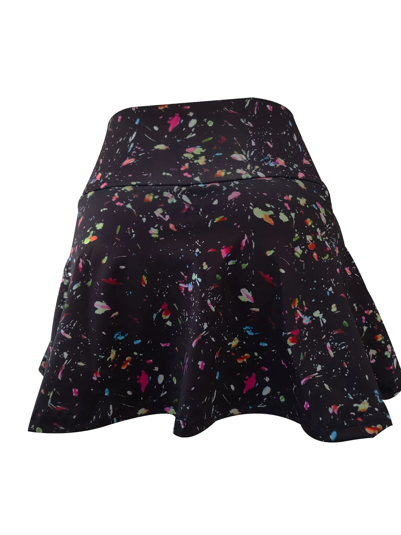 Ladies' colorful splash print sports short skirt with built-in shorts for exercise and active lifestyle