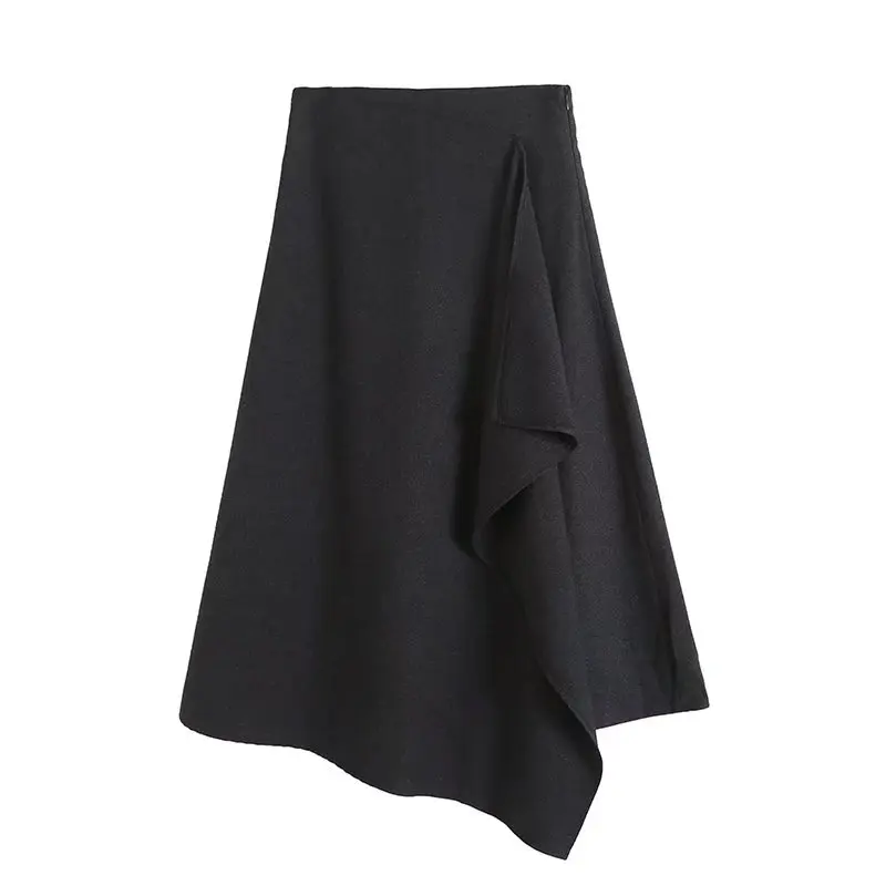 Wixra 2022 Women A Line Midi Skirt Solid Asymmetrical Zipper High Waist Lady Spring Summer Elegant Office Lady Bottom ruffle skirt