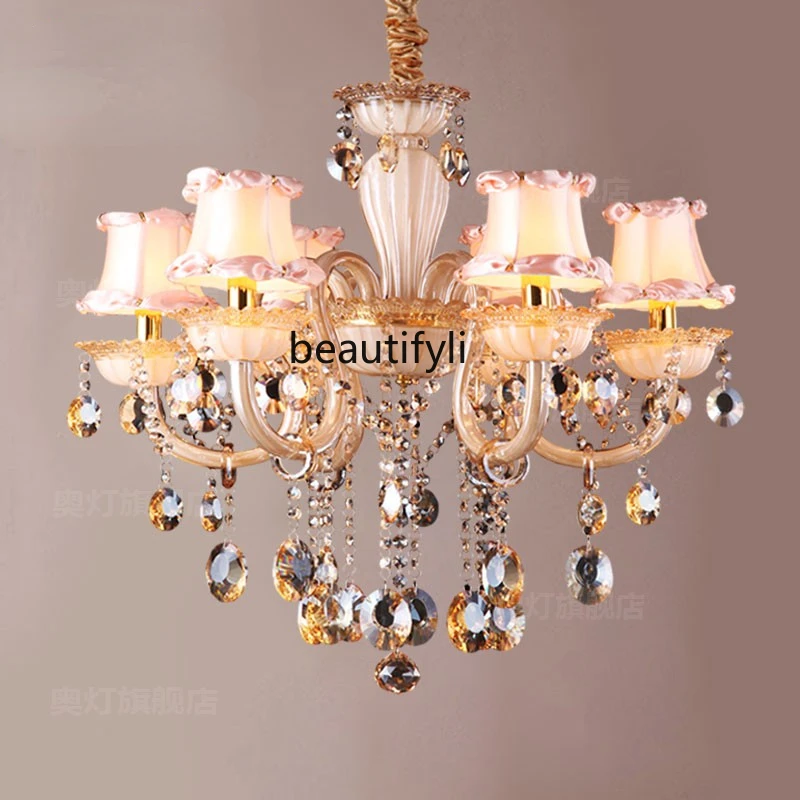 

yj Amber Crystal Hanging Lighting 6-Head Chandelier Pink Pastoral Flower Fabric Lamp