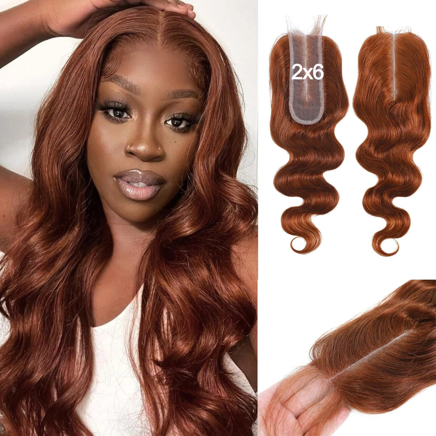 #33 Copper Red Body Wave 2x6 Lace Closure Transparent Swiss Lace Brazilian Human Hair Pre-Plucked With Baby Hair For Women 1