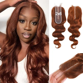 #33 Copper Red Body Wave 2x6 Lace Closure Transparent Swiss Lace Brazilian Human Hair Pre-Plucked With Baby Hair For Women 1