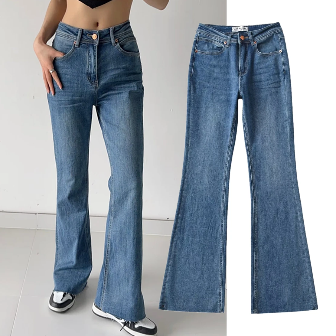 

Elmsk High Quality Stretch Skinny Jeans High Waist Blue Slim Fit Flared Jeans Women