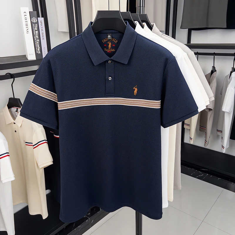 Designer-Marken-Poloshirt aus Seide und Baumwolle mit kurzen Ärmeln Sommer-Paul-Pony-Stickerei gestreiftes Design T-Shirt Business-Casual-Herrenoberteil – Detail 10