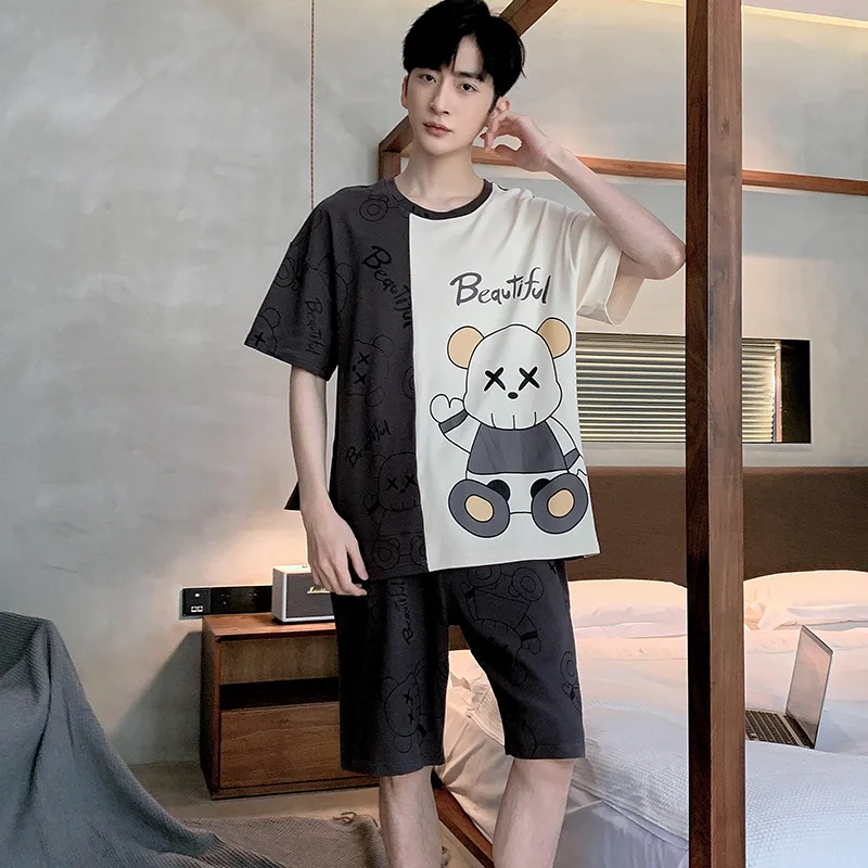 2 Sets of Men's Pajamas Set of Knitted Cotton Students Homewear Short-Sleeved Shorts Cartoon Top Shorts Sleepwear Loungewear