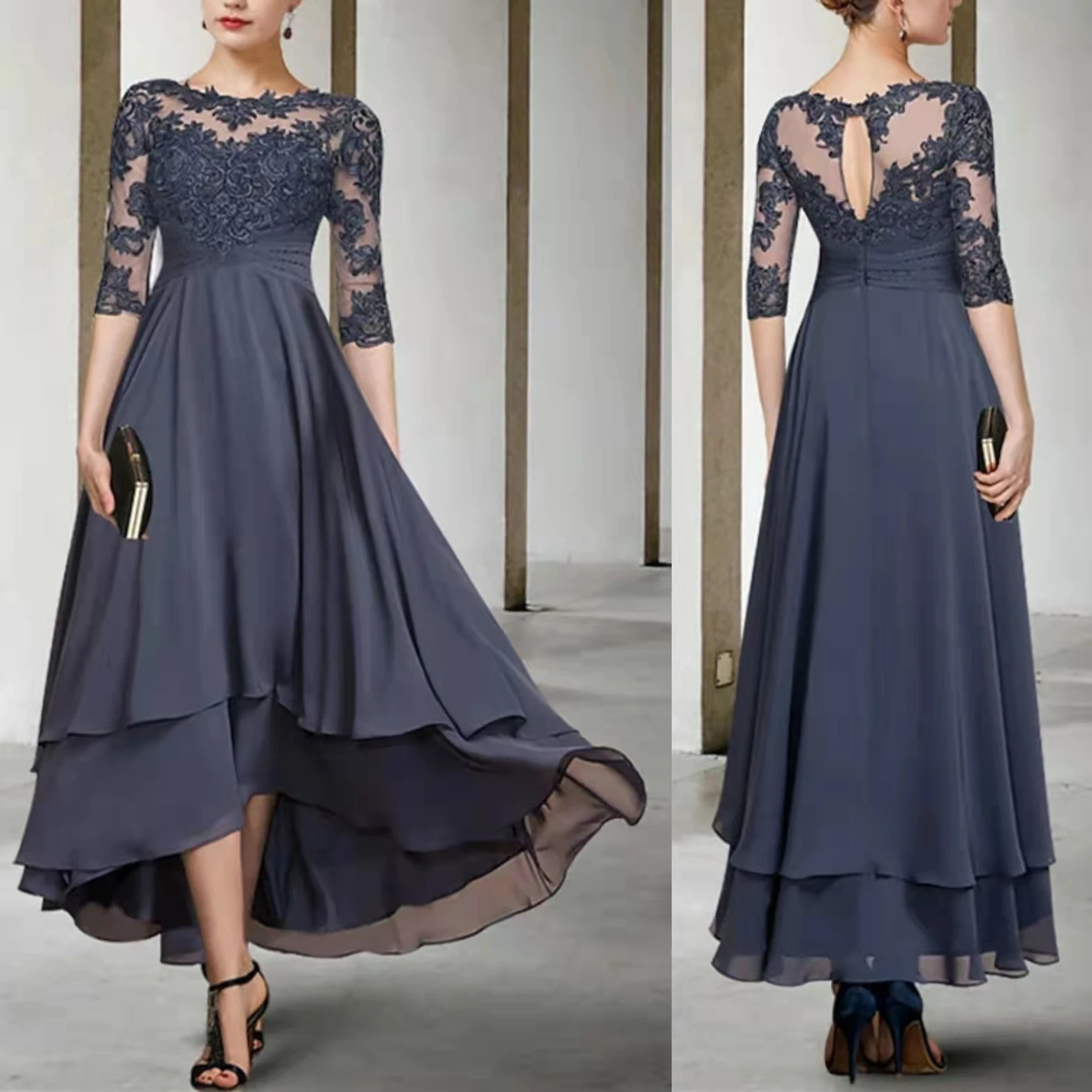 

Elegant Short Lace Chiffon Half Sleeve Mother of the Bride Dresses A-Line Tea Length Pleated Mother of Groom Dresses for Women